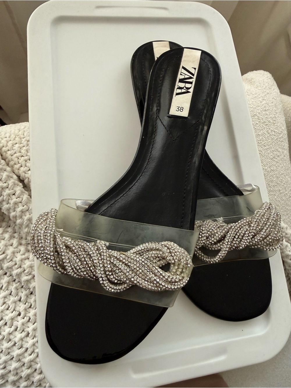 ZARA Black Slides with Clear Strap and Crystal Knot